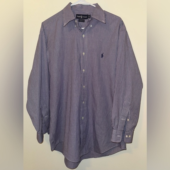 100% Cotton Ralph Lauren Navy Checkered Button Down Shirt - Picture 2 of 5